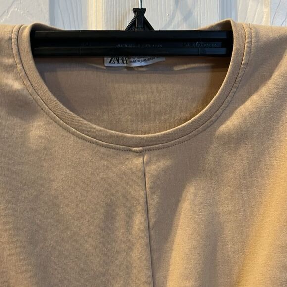 ZARA Tan Short Sleeve Cropped Cotton Blend Top with Front Knot Accent- Large - Picture 8 of 13